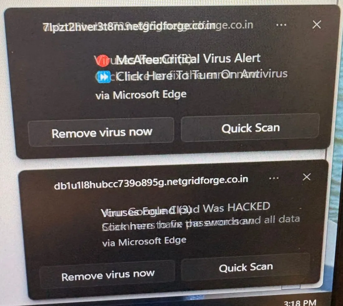 Garbled overlapping fake notifications reading “McAfee Critical Virus Alert” and “Google Cloud Was HACKED”