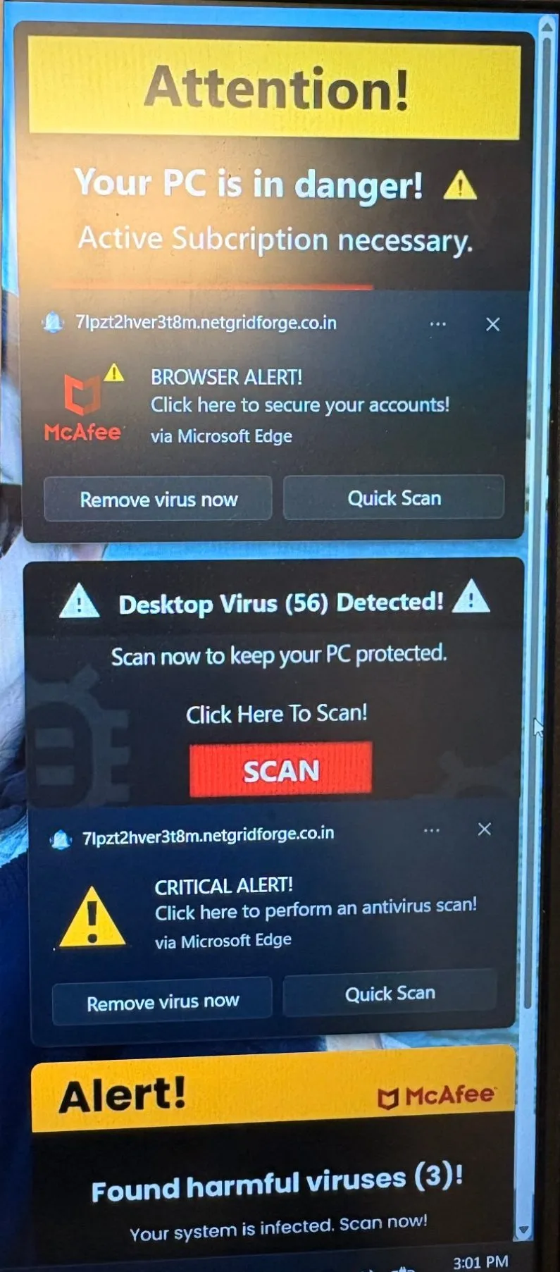 Fake McAfee virus alerts stacked across a Windows 11 screen