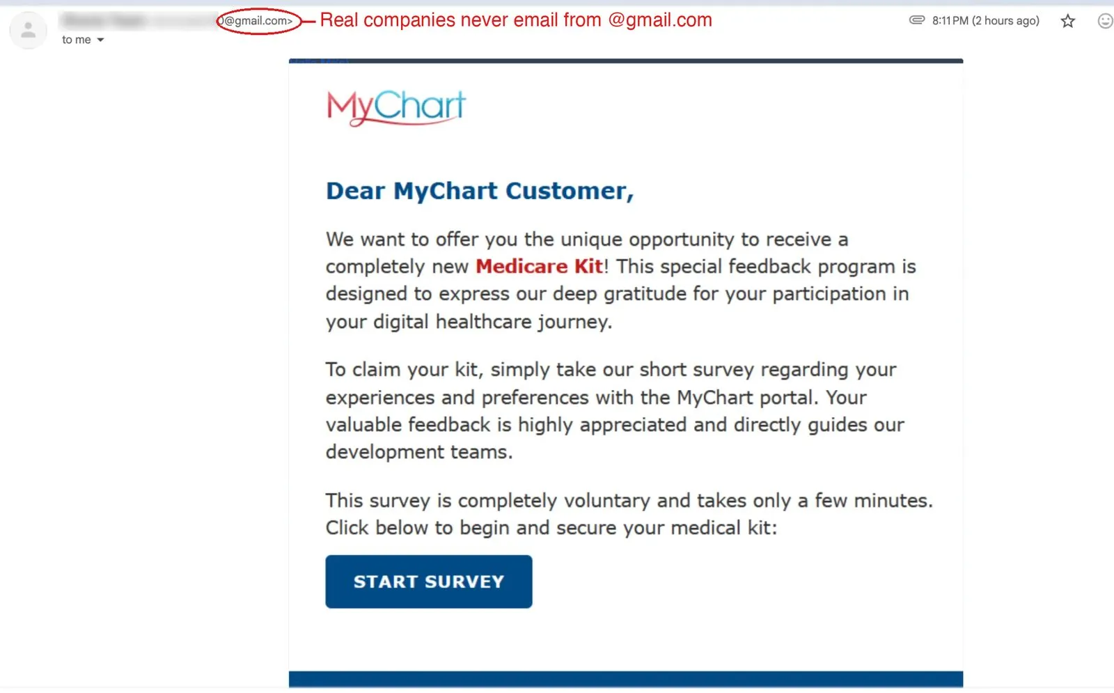 A phishing email using the MyChart logo offering a free Medicare Kit for taking a survey, with the sender's @gmail.com address circled