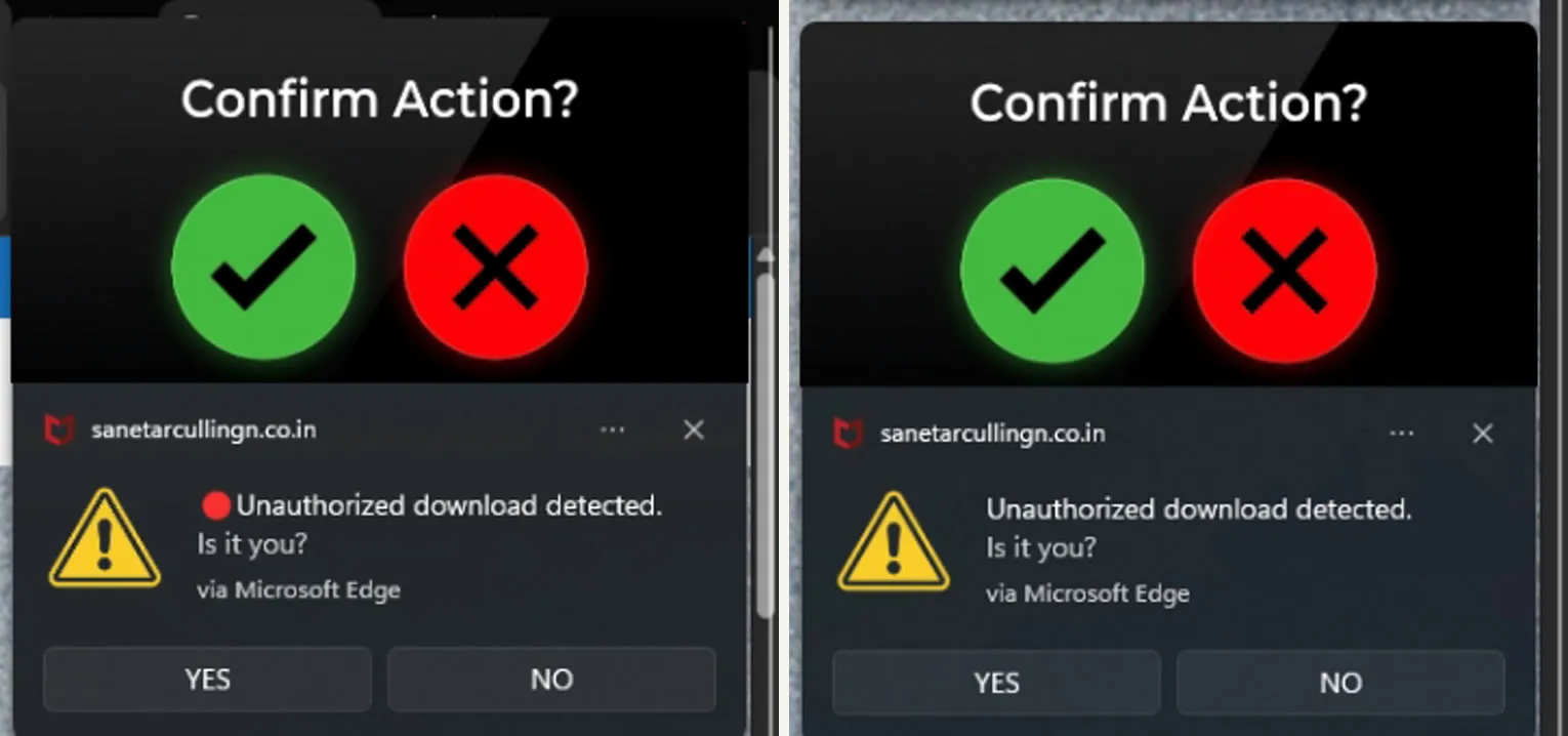 A stack of fake "unauthorized download detected" browser pop-ups trying to get a click